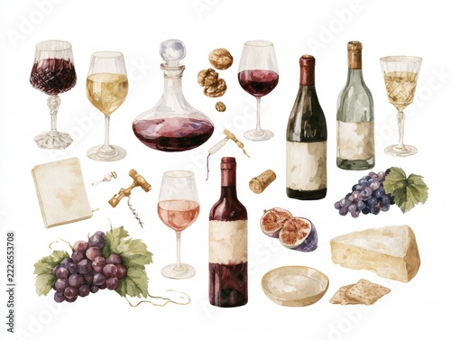 Vintage wine collection with glasses, bottles, cheese, grapes, and figs on white background