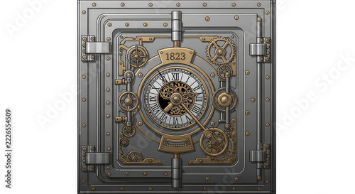 Bank vault door featuring a vintage clock mechanism metal gears and