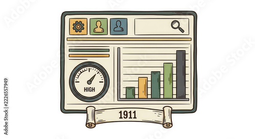 Vintage dashboard display with gauge bar chart user icons and search