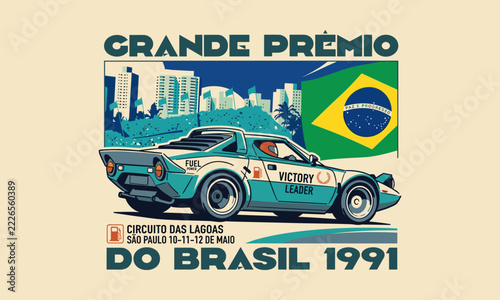 Retro illustration of a vintage racing car at the 1991 Brazil Grand Prix in Sao Paulo.