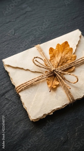 vintage deckle-edge paper envelope tied with jute twine, a delicate dried golden oak leaf tucked into the string, smooth dark slate background, warm directional side light, romantic autumn corresponde