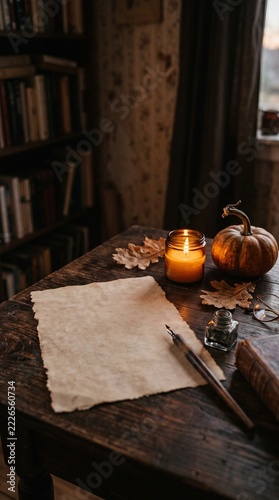 blank parchment paper sheet next to a glowing amber glass candle, small decorative pumpkin, dark wooden table, soft flickering warm light, moody cinematic autumn background for poetry and prose,