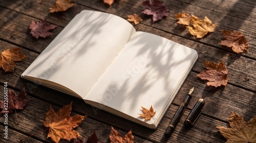 open blank journal with off-white textured pages resting on a rustic dark wood desk, scattered dried maple leaves in deep orange and burgundy tones, a classic fountain pen, soft warm sunlight casting 