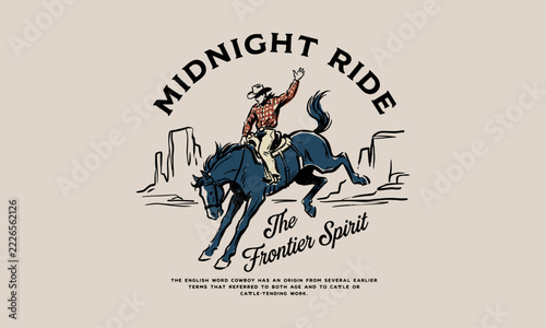 Retro rodeo graphic featuring a cowboy riding a wild horse with The Frontier Spirit text.