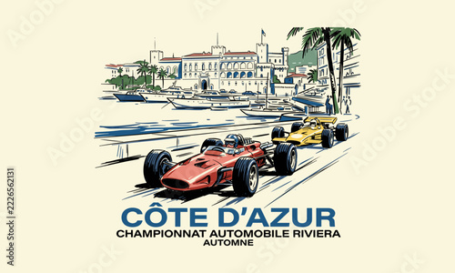 Vintage race cars speeding through the Côte d'Azur coastal city near a yacht filled harbor.