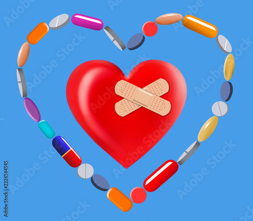 Heart medicine, cardiac pills, form a heart shape and a bright red heart is ailing and has an ahesive bandage to indicate all is not well. This is a 3-d illustration about heart disease treatment.