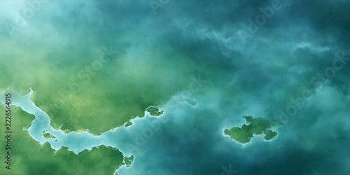 Fantasy landscape with floating islands and misty seascape