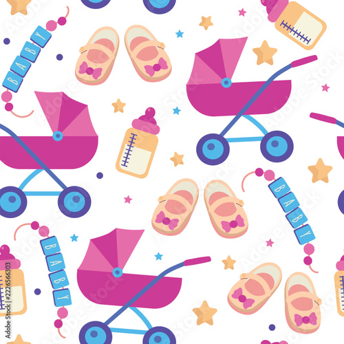 Cute baby seamless pattern background featuring pink strollers, tiny shoes, milk bottles, letter blocks and colorful stars on a clean white isolated layout.