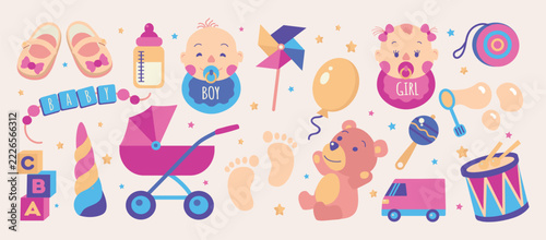 Cute baby shower elements collection featuring cartoon boy and girl faces, stroller, teddy bear, toys, milk bottle and blocks on cream isolated background.