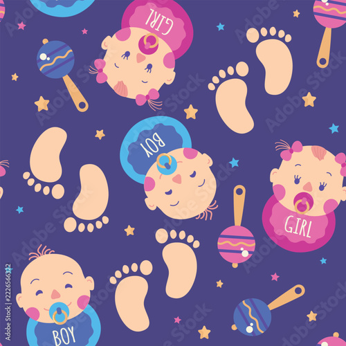 Cute baby seamless pattern background featuring cartoon boy and girl faces with pacifiers, tiny footprints, rattles and festive stars on a dark purple layout.