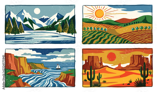 Set of empty landscapes and sceneries with snowy mountain tops, hills, field, lake, sea and desert. Collection of scenic nature views in spring, summer and autumn.