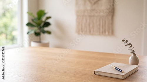 Minimalist Wooden Desk with Notebook and Pen in Bright Room