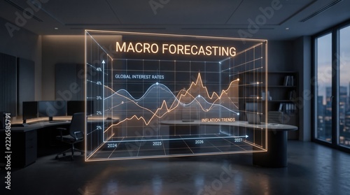 Advanced holographic display showcasing macro forecasting and global interest rates for strategic business analysis in a modern corporate office