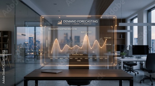 Advanced holographic data visualization in a contemporary office setting, depicting business demand forecasting and market trend analysis with innovative technology