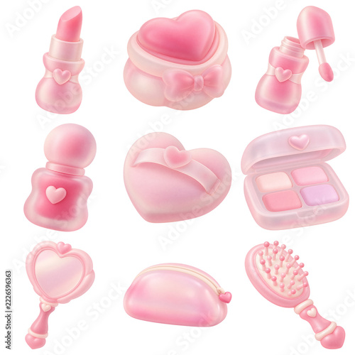 Pastel Pink Beauty Makeup and Cosmetic Icon Set 3D