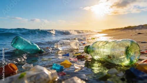 Ocean Plastic Pollution with Discarded Bottles and Floating Waste in Blue Seawater at a Tropical Beach During Golden Hour