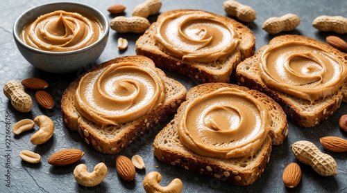 Close up of toasted bread slices with creamy peanut butter swirls. Four pieces of multigrain toast spread with nut butter sit on dark table. Bowl of smooth peanut butter surrounded by peanuts,