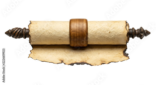 antique parchment scroll with wooden ends and burnt edges, vintage medieval manuscript for historical documents, fantasy maps, and ancient storytelling