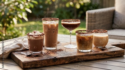 Selection of iced and hot chocolate drinks served on a rustic wooden tray outdoors.
