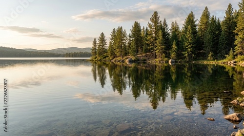 Serene Mountain Lake Reflecting Pine Forest at Sunset.