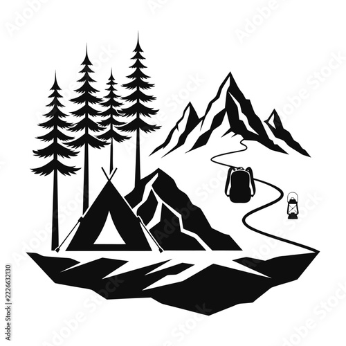 Camping Adventure Silhouette with Tent, Pine Trees, Mountains and Hiking Gear