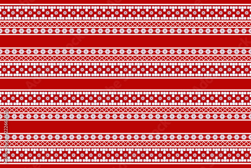 Red and White Ethnic Seamless Stripe Pattern Vector with Geometric Pixel Border Design