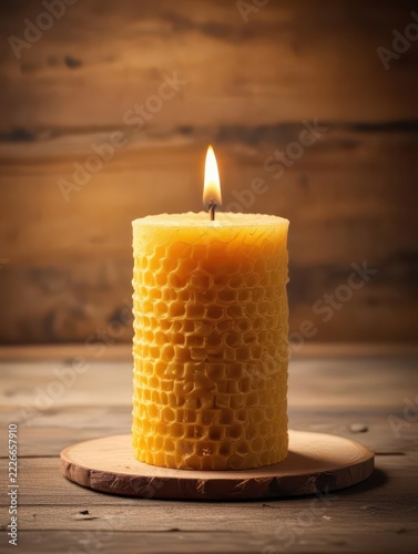 Natural honeycomb background with a large candle made of high-quality beeswax sitting atop it