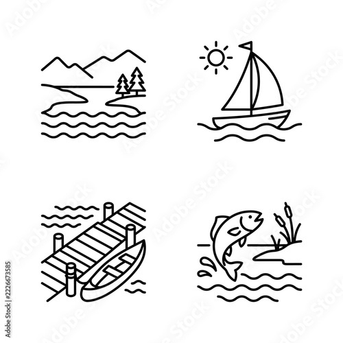 Set of four linear vector icons depicting outdoor lake activities and nature scenery.