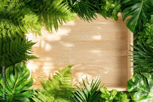 Wooden frame with tropical leaves and ferns