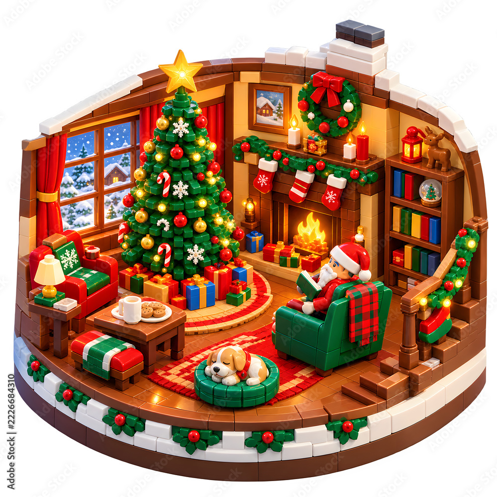 Fototapeta premium Cozy Christmas Living Room Diorama with Brick Building Blocks, Decorated Tree and Fireplace