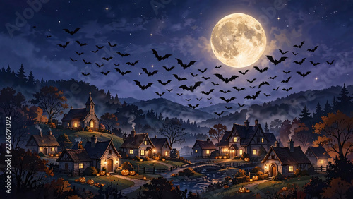 Full moon and flying bats above a glowing Halloween village