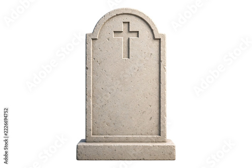Classic carved stone gravestone with a Christian cross isolated on transparent background