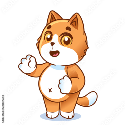 Cute Cartoon Orange Cat Waving Hand, Adorable Ginger Kitten Character with Big Amber Eyes Isolated on White Background