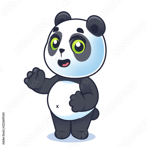 Cute Cartoon Panda Waving Hand, Adorable Baby Panda Character with Big Green Eyes Isolated on White Background