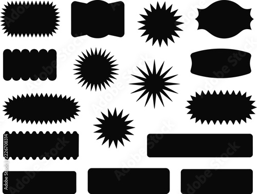 set of black price tag stickers badge banner starburst label silhouettes isolated on white background
