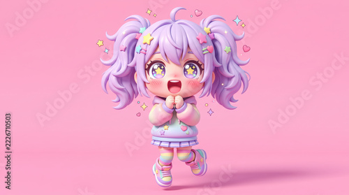 Excited chibi girl with pigtails and sparkling eyes.