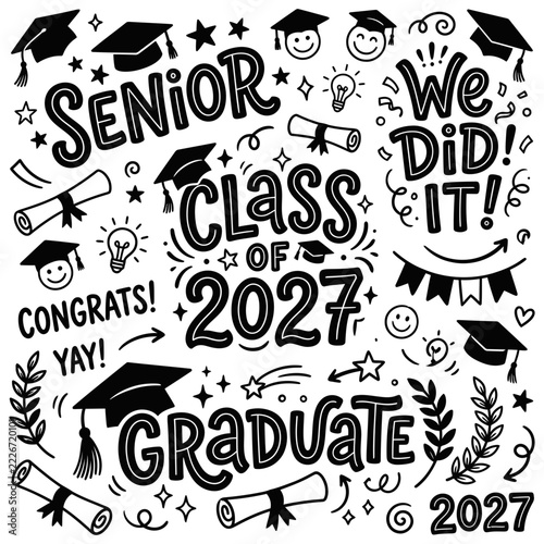 Set of black and white hand drawn graduation doodles featuring caps diplomas and festive text for Class of 2027 celebration design