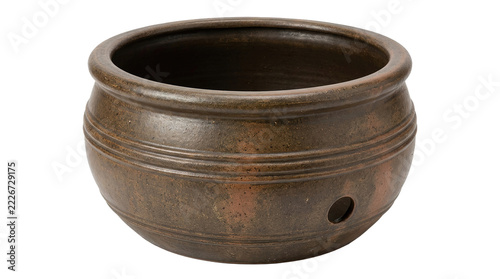 Obraz na plátně Rustic brown clay pot with circular hole and decorative bands