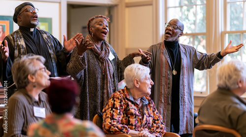 Older adults singing with raised hands in a shared room
