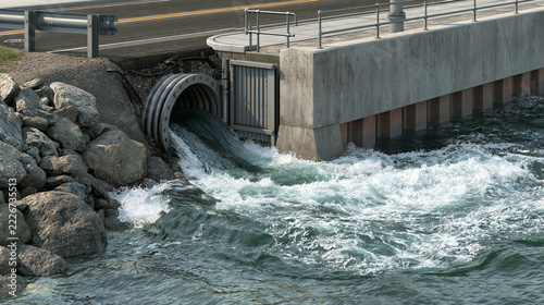 Water flowing from an open culvert beside a concrete wall