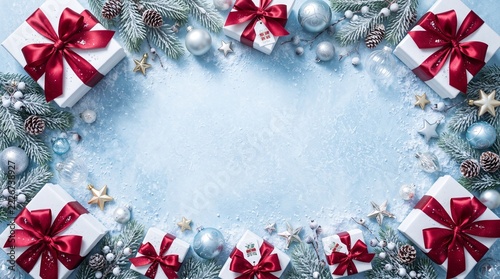 Christmas gift boxes and silver ornaments border on a blue and white background