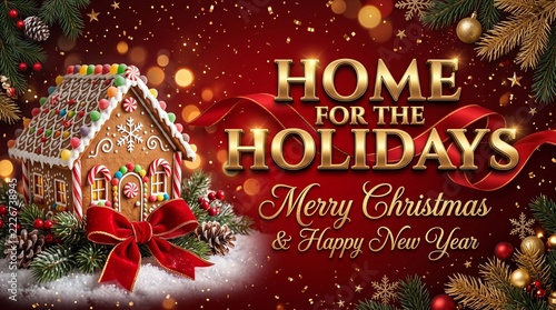 Gingerbread house with red bow and merry christmas text on a dark festive background