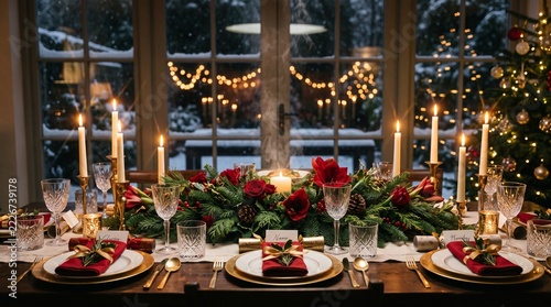 Elegant christmas dinner table setting with red flowers candles and golden lights