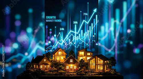 Miniature house model with glowing lights against a digital stock market growth chart background