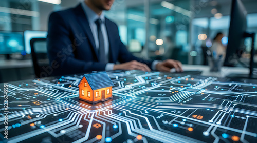 Business professional working with advanced digital circuit board technology in a modern office environment