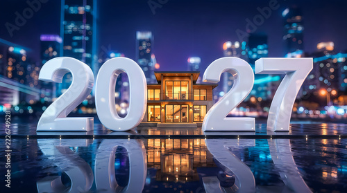 Large illuminated white number figures representing the year 2027 in a modern city setting