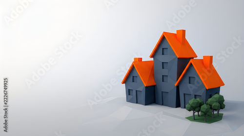 Small model houses with bright orange roofs isolated on a clean white background