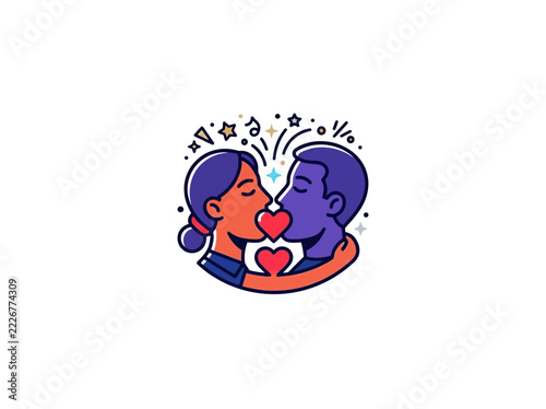 Romantic Couple Kissing And Embracing With Red Hearts Stars And Celebratory Accents Vector Illustration