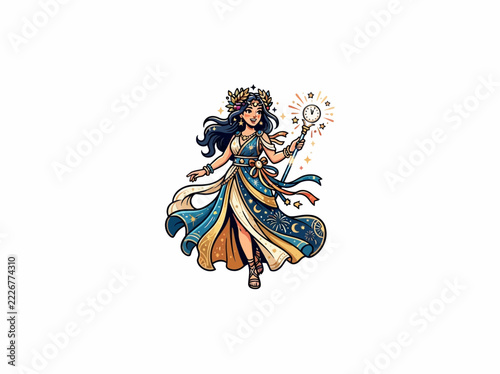 New Year Goddess Wearing A Blue And Gold Celestial Dress With Clock Wand And Stars Vector Illustration