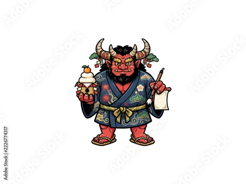 Red Horned New Year Ogre Wearing A Decorated Blue Robe And Holding Rice Cake Decoration Vector Illustration